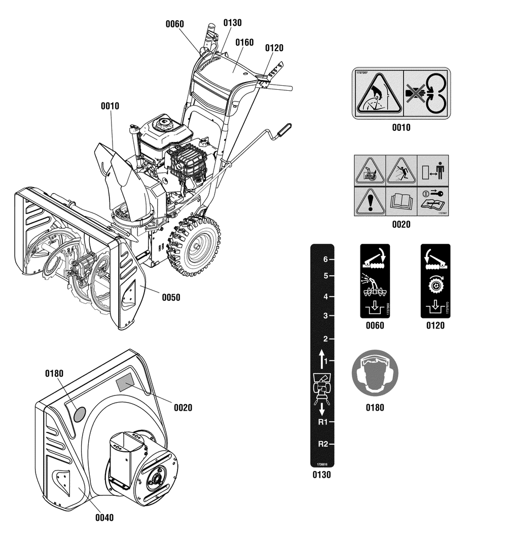 Decals Group Diagram and Parts List for 1696034-18-2869-31 2011 Briggs and Stratton Snow Blower